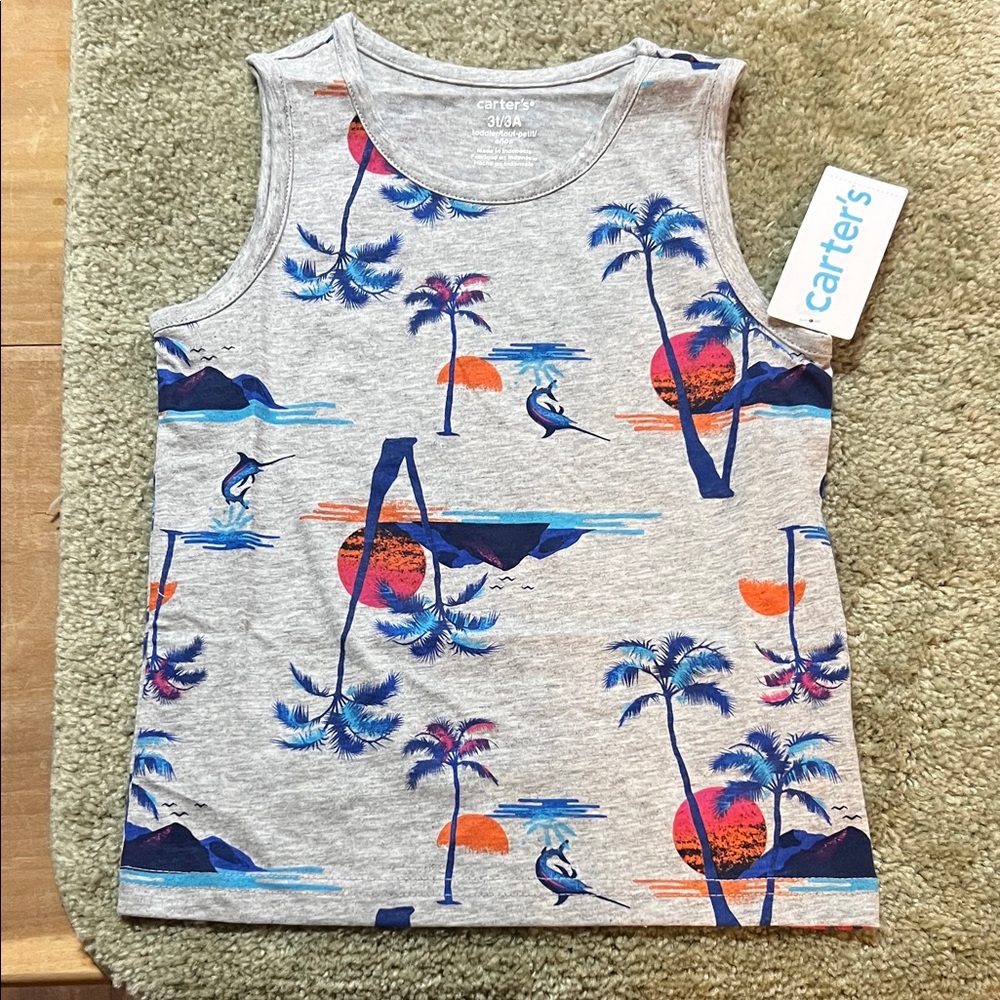 Boys size 3T Carter’s brand, gray tank top palm trees sunset